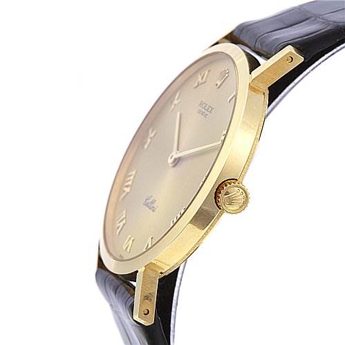The image shows a side view of a Rolex Cellini 4112 Yellow Gold Champagne Dial 4112 Yellow Gold Champagne Dial watch, highlighting the crown, case, and part of the strap.