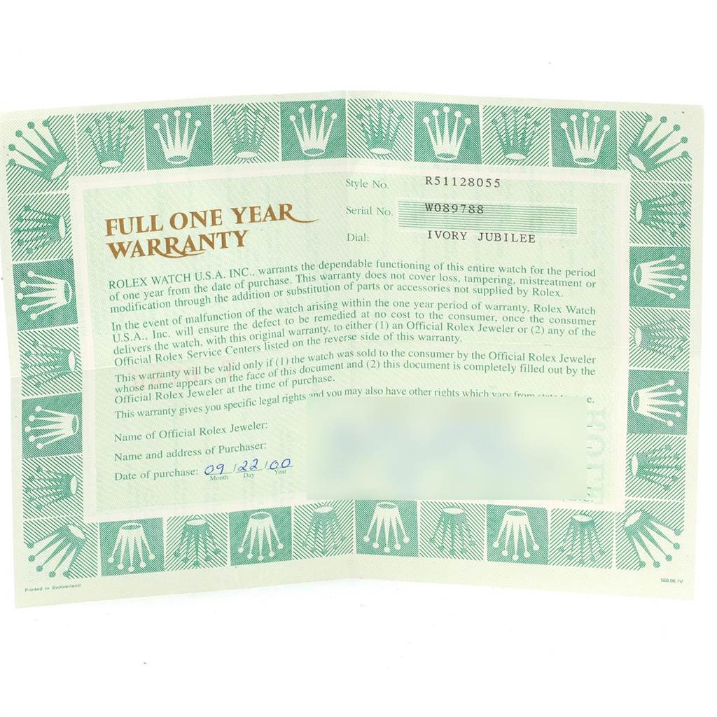 The image shows a warranty card for a Rolex Cellini 5112 Men's Yellow Gold Beige Dial 5112 Men's Yellow Gold Beige Dial model, detailing the warranty terms and purchase information.