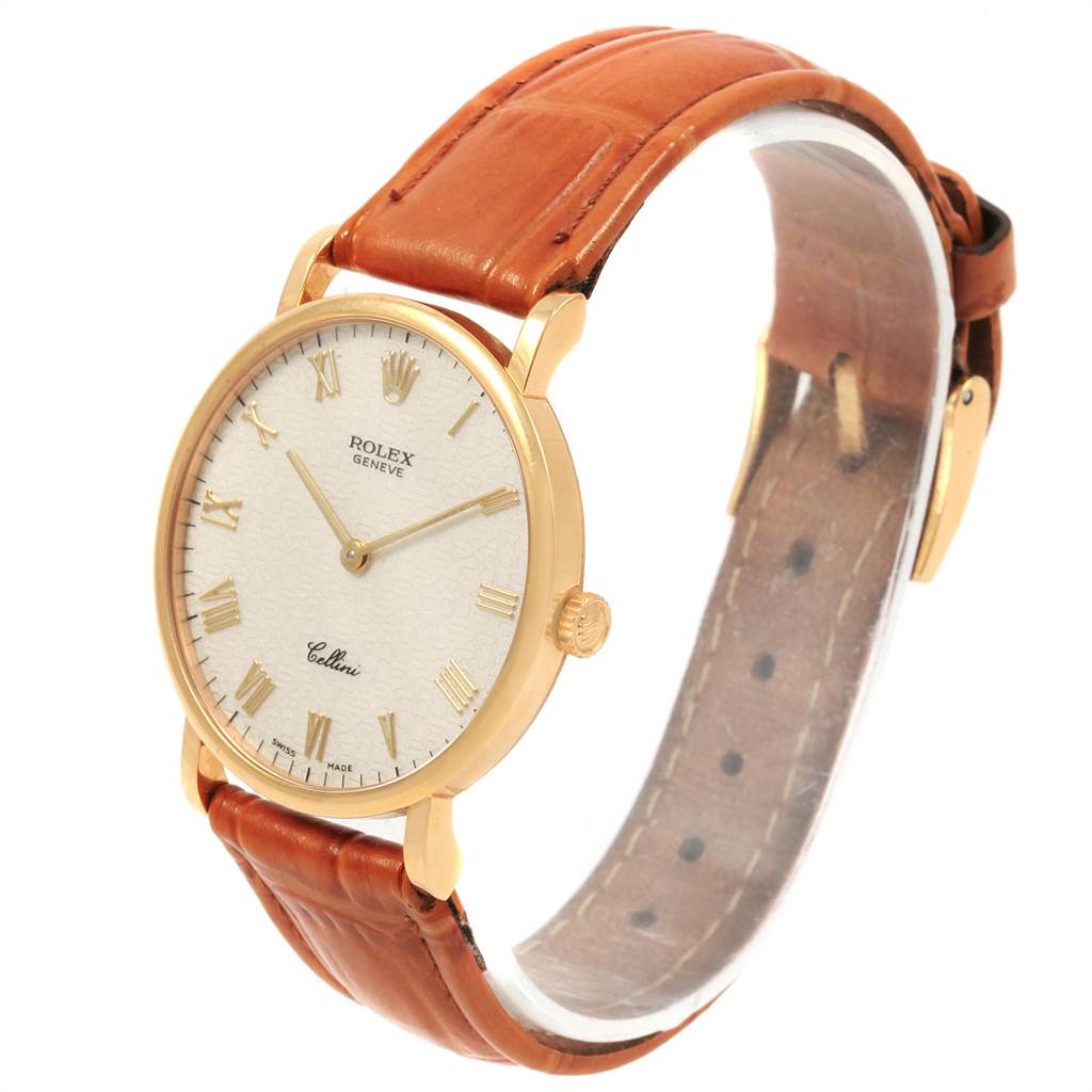The image shows a Rolex Cellini 5112 Men's Yellow Gold Beige Dial 5112 Men's Yellow Gold Beige Dial watch at a three-quarter angle, displaying its face, case, and leather strap.