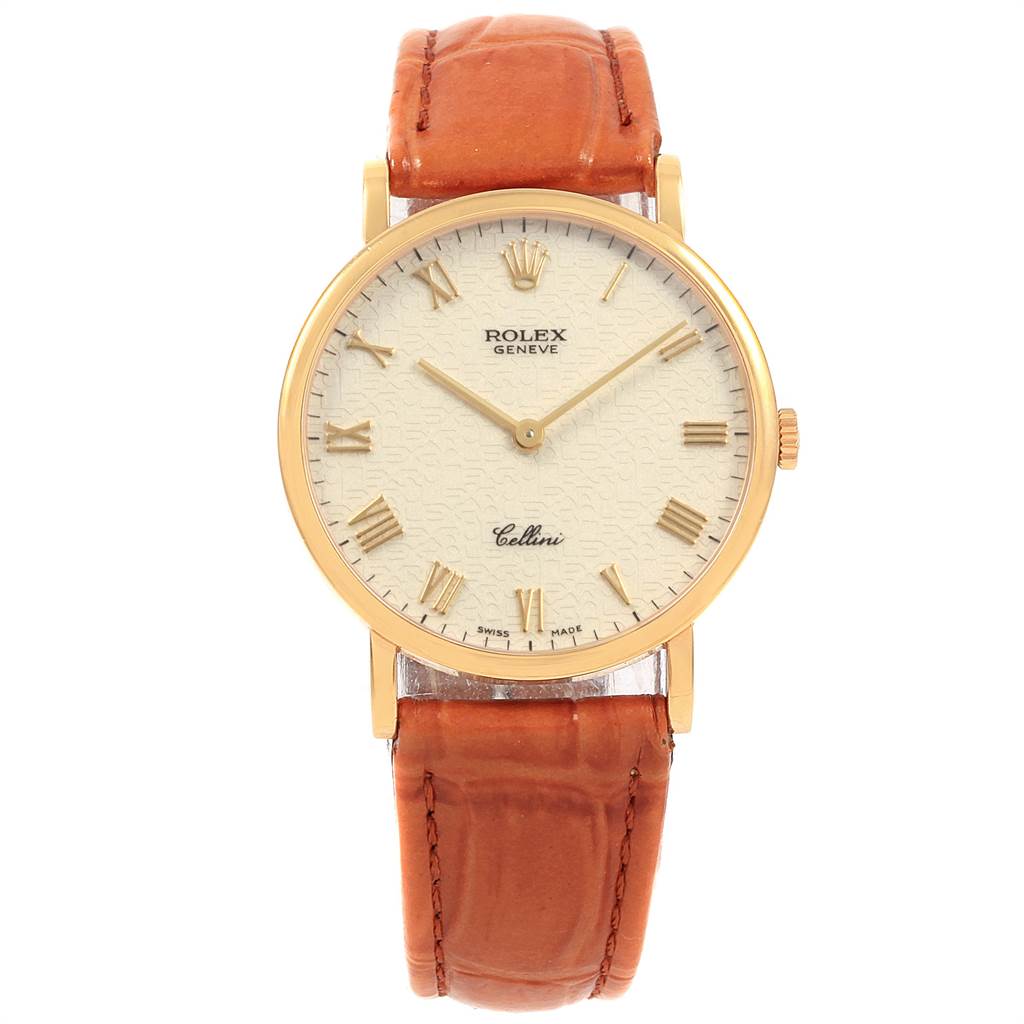 The image shows a front-facing view of a Rolex Cellini 5112 Men's Yellow Gold Beige Dial 5112 Men's Yellow Gold Beige Dial watch with a beige dial and a brown leather strap.