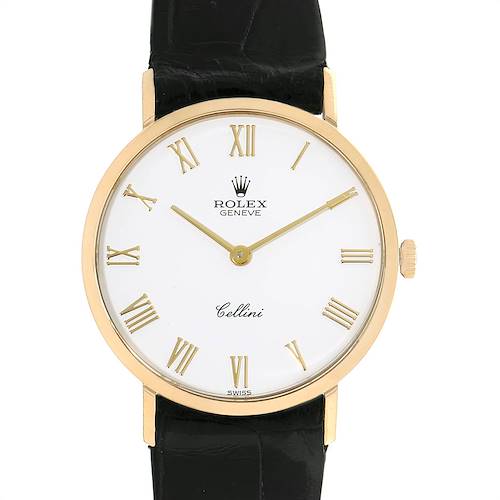 The Rolex Cellini 4112 Men's Yellow Gold White Dial 4112 Men's Yellow Gold White Dial watch is shown from the front, highlighting its white dial, gold Roman numerals, and black leather strap.