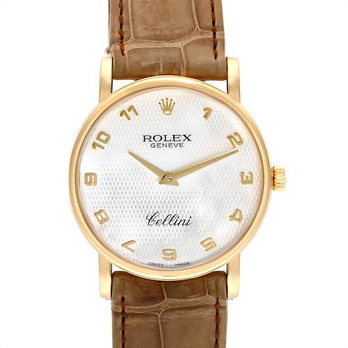 This image showcases a front view of a Rolex Cellini 5115 Yellow Gold Mother of Pearl Dial 5115 Yellow Gold Mother of Pearl Dial watch, displaying its face, hour markers, hands, and leather strap.