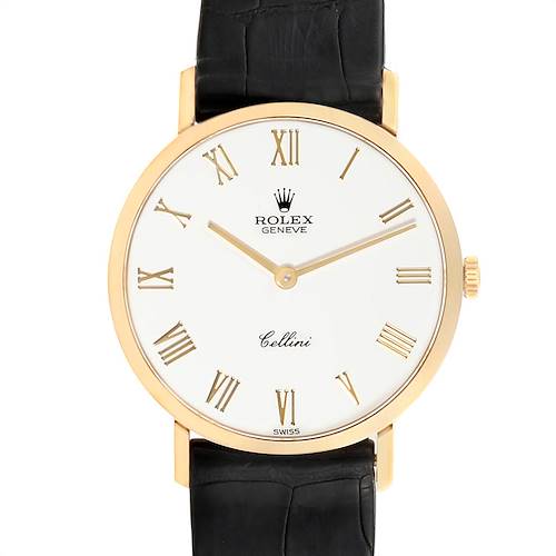 The image shows a front view of a Rolex Cellini 4112 Men's Yellow Gold White Dial 4112 Men's Yellow Gold White Dial watch, displaying its face, bezel, and black leather strap.
