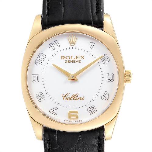 The image shows the Rolex Cellini 4233 Men's Yellow Gold White Dial 4233 Men's Yellow Gold White Dial model watch from a front angle, highlighting its face, hands, and black leather strap.