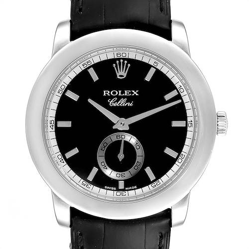 This is a Rolex Cellini 5241 Men's Platinum Black Dial 5241 Men's Platinum Black Dial watch shown from the front, displaying its face, bezel, hands, crown, and leather strap.