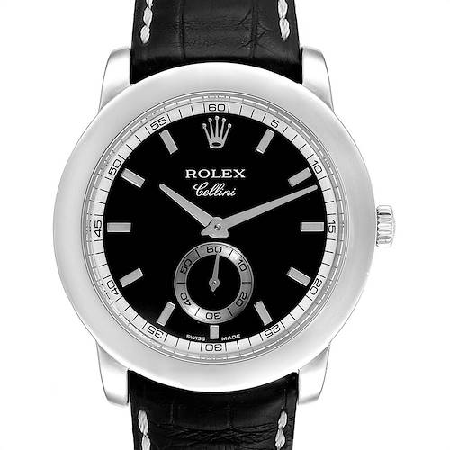 The image shows a front view of a Rolex Cellini 5241 Men's Platinum Black Dial 5241 Men's Platinum Black Dial watch, displaying the dial, crown, and part of the leather strap.