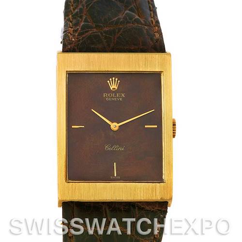 This Rolex Cellini 4127 Men's Yellow Gold Brown Dial 4127 Men's Yellow Gold Brown Dial watch is shown from the front, displaying its rectangular dial, hour markers, hands, and leather strap.