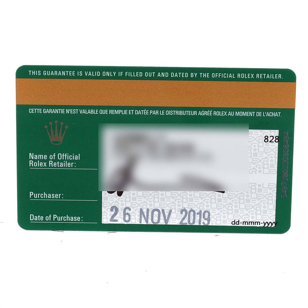 The image shows a filled-out Rolex guarantee card with details for the purchase of a Rolex Cellini 50535 Men's Rose Gold White Dial 50535 Men's Rose Gold White Dial model.