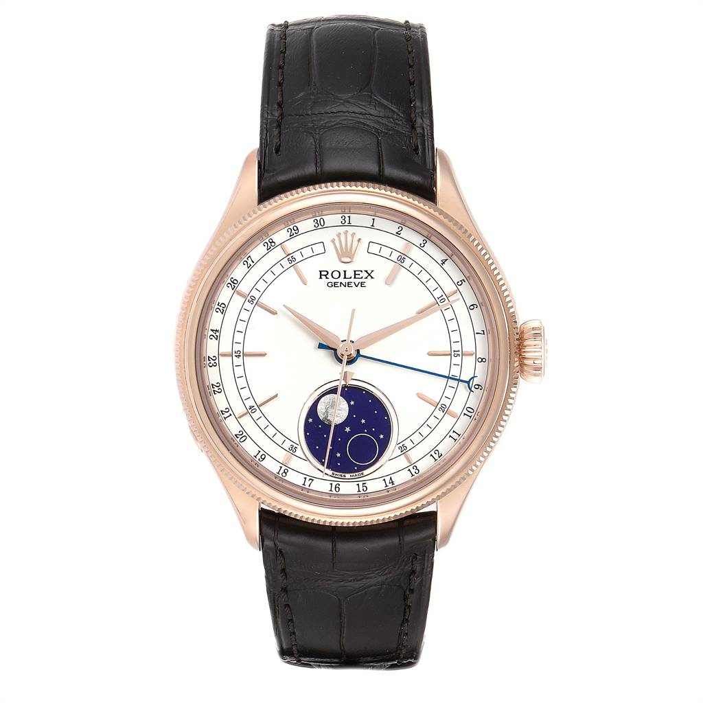 The image shows a front view of a Rolex Cellini 50535 Men's Rose Gold White Dial 50535 Men's Rose Gold White Dial watch, highlighting its dial, case, and black leather strap.