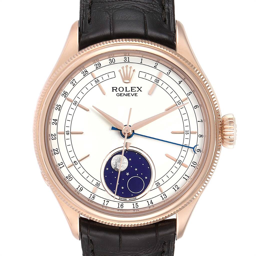 This Rolex Cellini 50535 Men's Rose Gold White Dial 50535 Men's Rose Gold White Dial watch is shown from the front, highlighting its dial, crown, and leather strap.