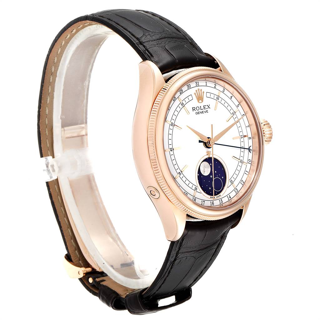 The image shows a Rolex Cellini 50535 Men's Rose Gold White Dial 50535 Men's Rose Gold White Dial watch at an angle highlighting its face, strap, and crown.