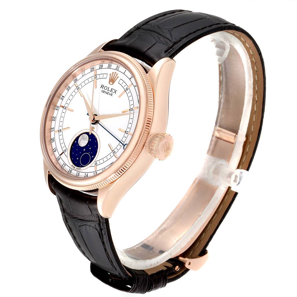 The Rolex Cellini 50535 Men's Rose Gold White Dial 50535 Men's Rose Gold White Dial watch is displayed at a slight side angle, showing the dial, case, crown, and black leather strap.