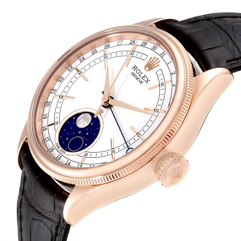 The image shows a Rolex Cellini 50535 Men's Rose Gold White Dial 50535 Men's Rose Gold White Dial model watch at an oblique angle, highlighting its dial, crown, and black strap.