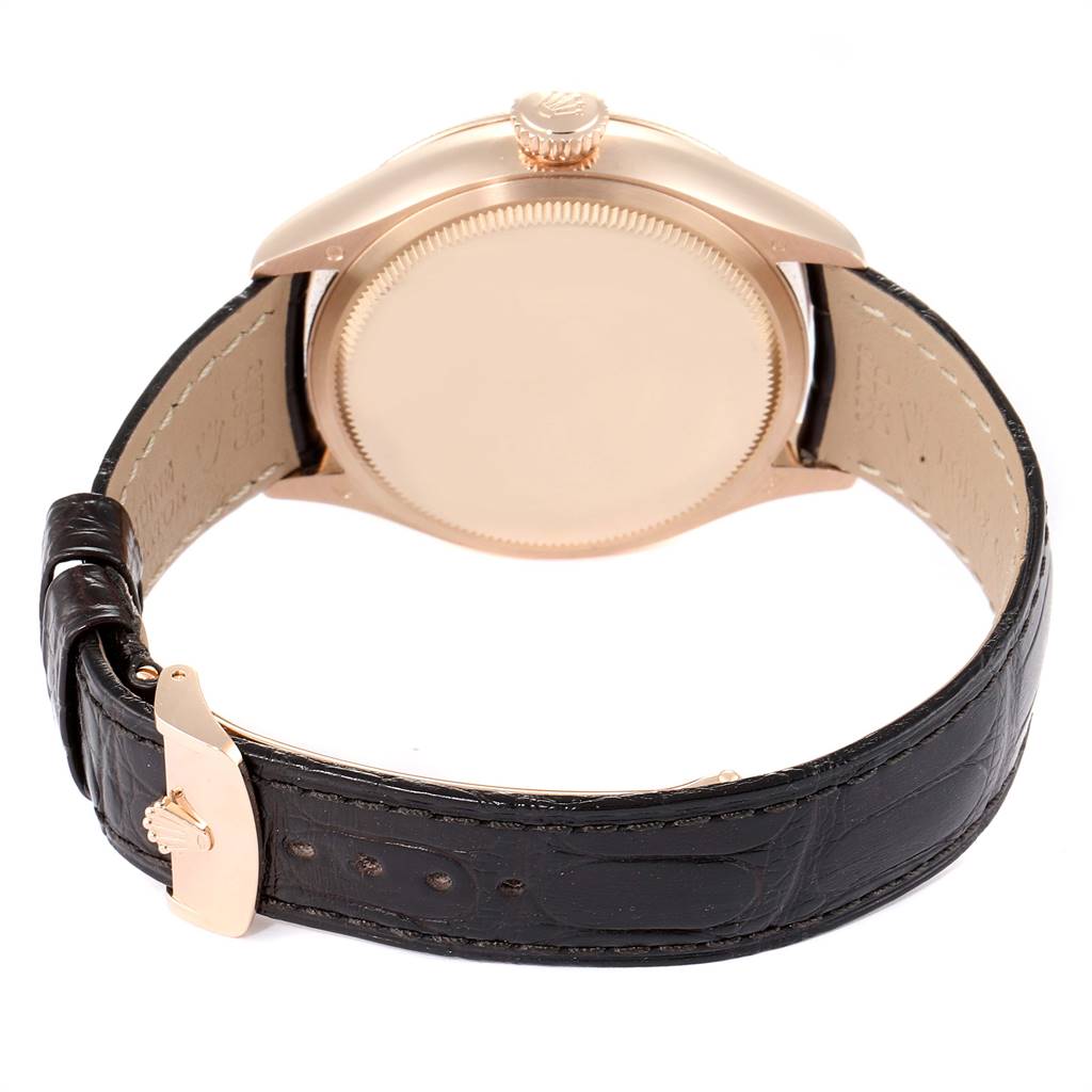 The image shows the back and side view of a Rolex Cellini 50535 Men's Rose Gold White Dial 50535 Men's Rose Gold White Dial watch, focusing on the case, crown, and leather strap with buckle.