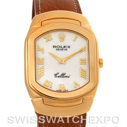 The Rolex Cellini 6633 Women's Yellow Gold White Dial 6633 Women's Yellow Gold White Dial watch is shown from a front angle, displaying the face, Roman numerals, hands, crown, and strap.
