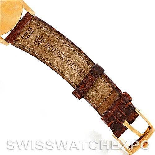 This image shows the back of the leather strap of a Rolex Cellini 5116 Men's Yellow Gold Beige Dial 5116 Men's Yellow Gold Beige Dial watch, including the buckle and part of the case.