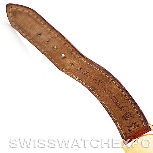 This image shows the underside of a leather strap for a Rolex Cellini 5116 Men's Yellow Gold Beige Dial 5116 Men's Yellow Gold Beige Dial watch, highlighting the genuine crocodile material.