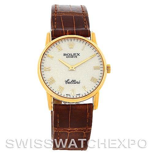 The image shows a front view of a Rolex Cellini 5116 Men's Yellow Gold Beige Dial 5116 Men's Yellow Gold Beige Dial watch with a brown leather strap and a gold-tone case.