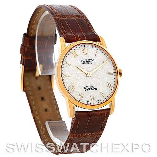 The image shows a Rolex Cellini 5116 Men's Yellow Gold Beige Dial 5116 Men's Yellow Gold Beige Dial watch at a slight angle, highlighting its face, leather strap, and gold casing.