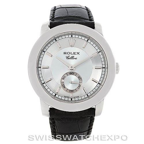 The image shows a front view of a Rolex Cellini 5241 Men's Platinum Blue Dial 5241 Men's Platinum Blue Dial watch with a white dial, black leather strap, and silver-tone case.