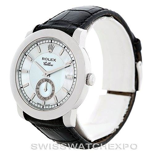 The Rolex Cellini 5241 Men's Platinum Blue Dial 5241 Men's Platinum Blue Dial watch is shown from a front angle, displaying its dial, bezel, crown, and black leather strap.