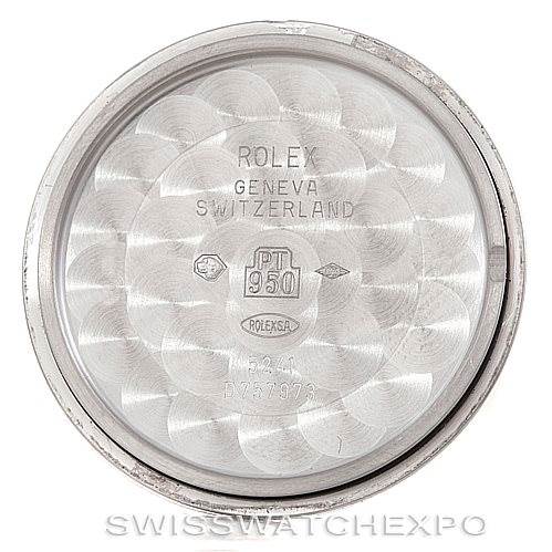 This image shows the inside case back of a Rolex Cellini 5241 Men's Platinum Blue Dial 5241 Men's Platinum Blue Dial watch, displaying the Rolex brand and model details.