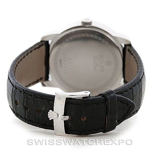 The image shows the back of a Rolex Cellini 5241 Men's Platinum Blue Dial 5241 Men's Platinum Blue Dial watch with its leather strap and buckle visible.