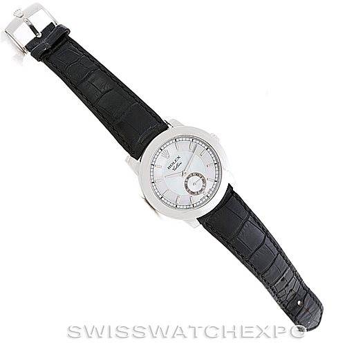 This image shows the Rolex Cellini 5241 Men's Platinum Blue Dial 5241 Men's Platinum Blue Dial watch from a top-down angle, displaying the dial, case, and black alligator leather strap.