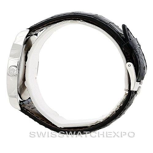 This image shows a side profile of a Rolex Cellini 5241 Men's Platinum Blue Dial 5241 Men's Platinum Blue Dial watch, highlighting its case and leather strap.