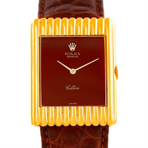 The image shows a frontal view of a Rolex Cellini 4016 Men's Yellow Gold Brown Dial 4016 Men's Yellow Gold Brown Dial watch, highlighting the watch face, crown, and part of the leather strap.