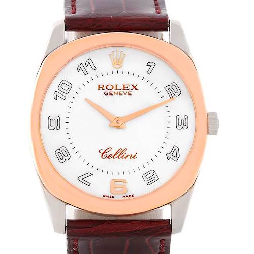 The image shows a front view of a Rolex Cellini 4233 Men's White Gold White Dial 4233 Men's White Gold White Dial watch with its face, hands, crown, and leather strap visible.