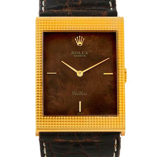 This image shows a front view of the Rolex Cellini 4127 Men's Yellow Gold Brown Dial 4127 Men's Yellow Gold Brown Dial watch, featuring its rectangular gold case, brown dial, and black leather strap.