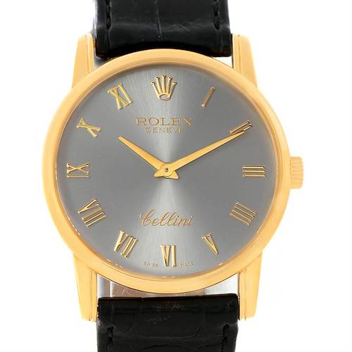 The image shows a front view of a Rolex Cellini 5116 Men's Yellow Gold Grey Dial 5116 Men's Yellow Gold Grey Dial watch, featuring a gold case, gray dial, gold Roman numerals, and a black leather strap.