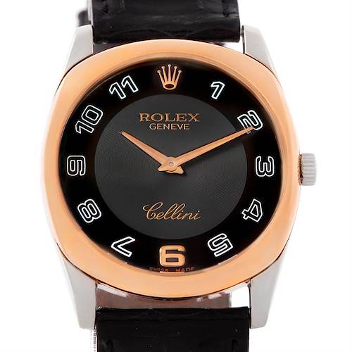The image shows a frontal view of the Rolex Cellini 4233 Men's White Gold Black Dial 4233 Men's White Gold Black Dial watch, highlighting its dial, hands, and strap.