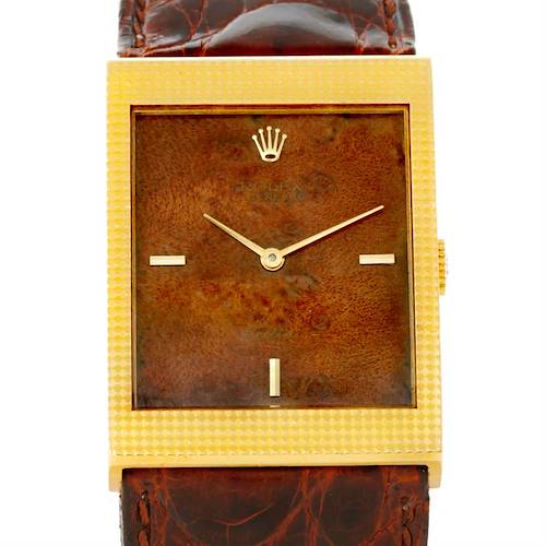 This is a front view of the Rolex Cellini 4127 Men's Yellow Gold Brown Dial 4127 Men's Yellow Gold Brown Dial watch, showing the watch face, gold rectangular casing, and brown leather strap.