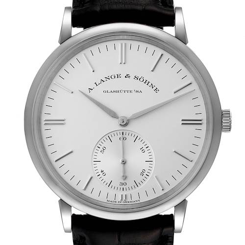The image shows a front view of the A. Lange & Sohne Saxonia 380.027 Men's White Gold Silver Dial watch, displaying its dial, hands, sub-dial, and part of the strap.