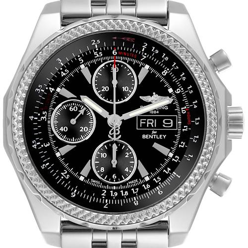 The Breitling Bentley A13362 Men's Stainless Steel Black Dial A13362 Men's Stainless Steel Black Dial model watch is shown head-on, highlighting its bezel, chronograph subdials, and day-date display.