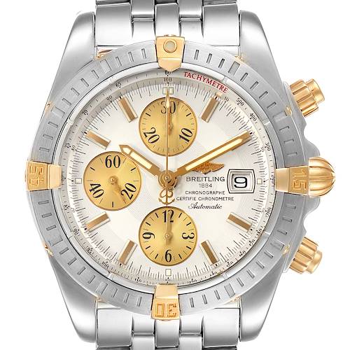 The Breitling Chronomat B13356 Men's Stainless Steel Silver Dial B13356 Men's Stainless Steel Silver Dial watch is shown from a front angle, highlighting its face, subdials, bezel, and partial bracelet.