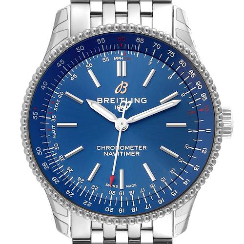 This image shows a front view of the Breitling Navitimer A17395 Men's Stainless Steel Blue Dial A17395 Men's Stainless Steel Blue Dial Automatic 35 Blue Dial Steel Ladies Watch A17395, displaying the dial and bezel.