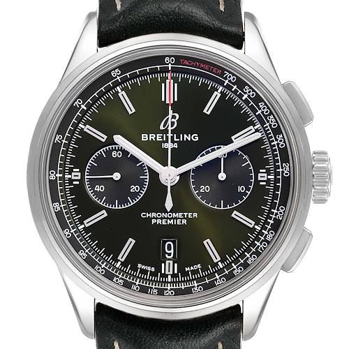 The image displays the front view of the Breitling Premier AB0118 Men's Stainless Steel Green Dial AB0118 Men's Stainless Steel Green Dial watch featuring a black dial, chronograph subdials, and tachymeter scale.
