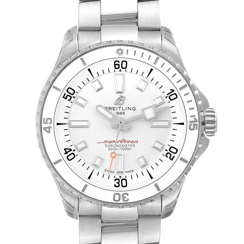 This image shows a front view of the Breitling A17377 Women's Stainless Steel White Dial A17377 Women's Stainless Steel White Dial Superocean 36 White Dial Steel Ladies Watch A17377 Unworn model with detailed features.