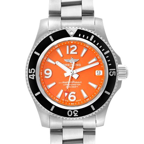 The image shows a front view of the Breitling A17316 Women's Stainless Steel Orange Dial A17316 Women's Stainless Steel Orange Dial Superocean 36mm Orange Dial Steel Ladies Watch A17316 Unworn model, displaying its face and bracelet.