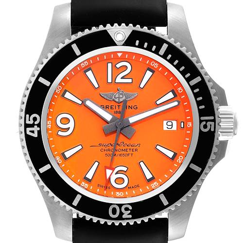 The image shows the front view of a Breitling Superocean A17366 Men's Stainless Steel Orange Dial A17366 Men's Stainless Steel Orange Dial watch with an orange dial and a black bezel.