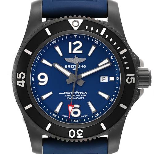 The image shows a front view of the Breitling Superocean M17368D71C1S2 Men's Stainless Steel Blue Dial M17368D71C1S2 Men's Stainless Steel Blue Dial watch, highlighting its blue dial, bezel, and rubber strap.