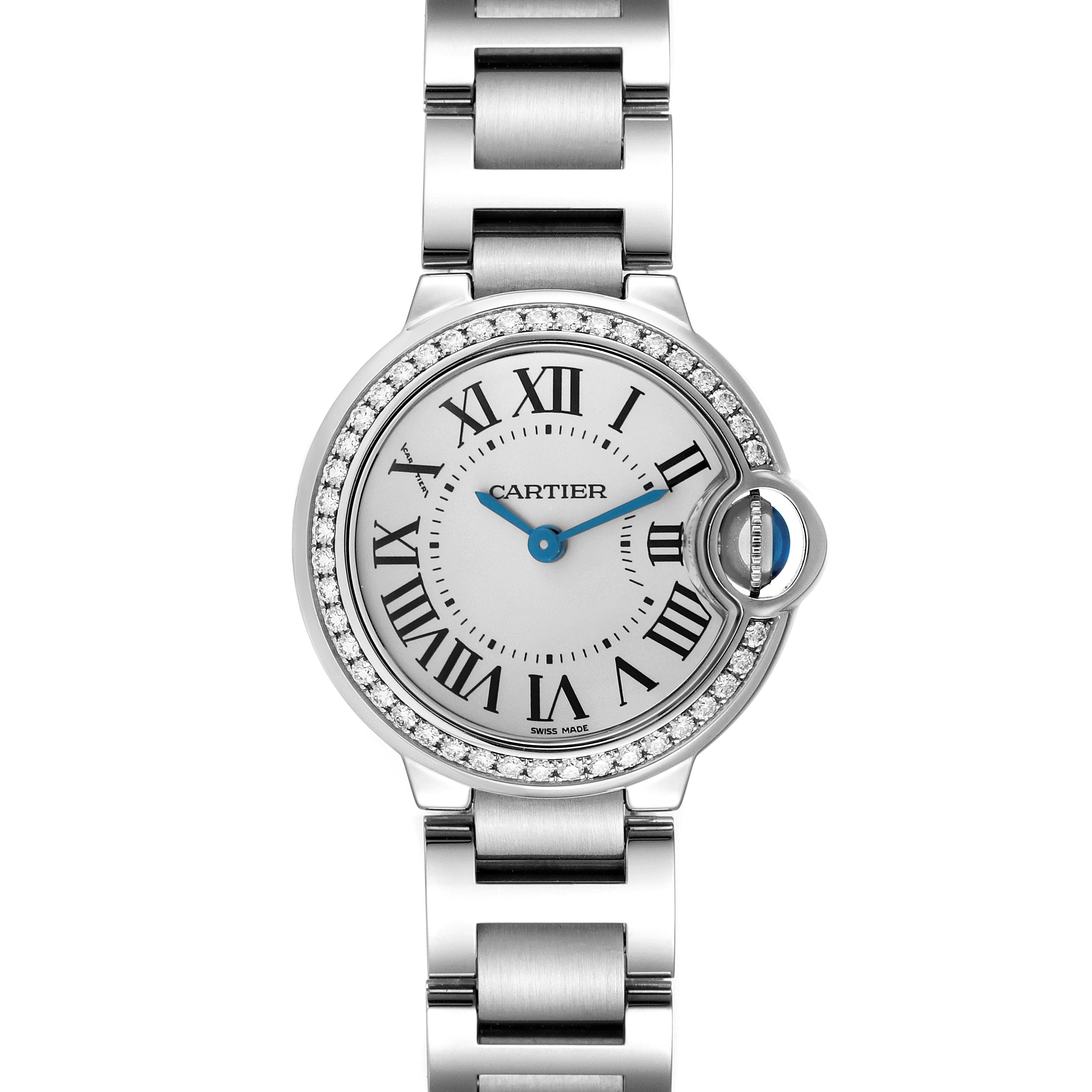The Cartier Ballon Bleu W4BB0015 Women's Stainless Steel Silver Dial W4BB0015 Women's Stainless Steel Silver Dial watch is shown from a front angle, displaying its face, bezel, Roman numerals, and partial bracelet.