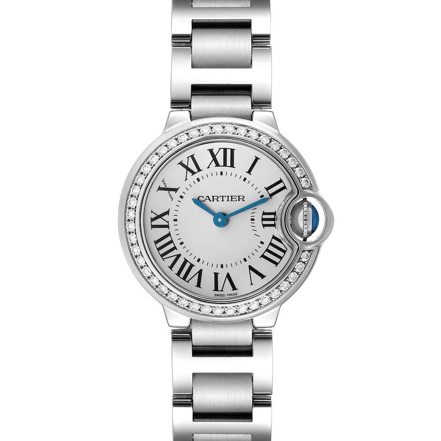 The Cartier Ballon Bleu W4BB0015 Women's Stainless Steel Silver Dial W4BB0015 Women's Stainless Steel Silver Dial watch is shown from a front angle, displaying its face, bezel, Roman numerals, and partial bracelet.