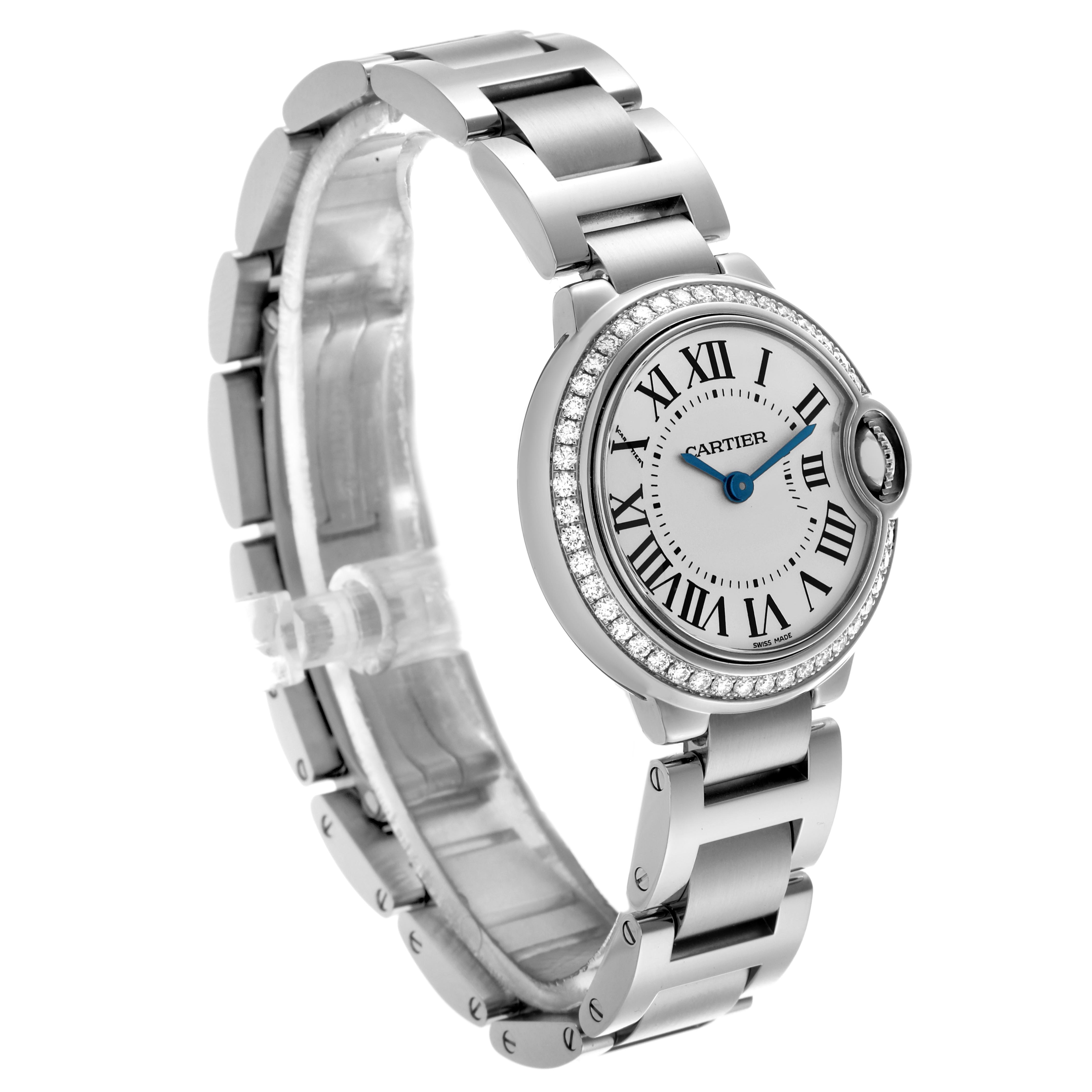 The Cartier Ballon Bleu W4BB0015 Women's Stainless Steel Silver Dial W4BB0015 Women's Stainless Steel Silver Dial watch is shown at a three-quarter angle, highlighting the face, Roman numerals, and stainless steel bracelet.
