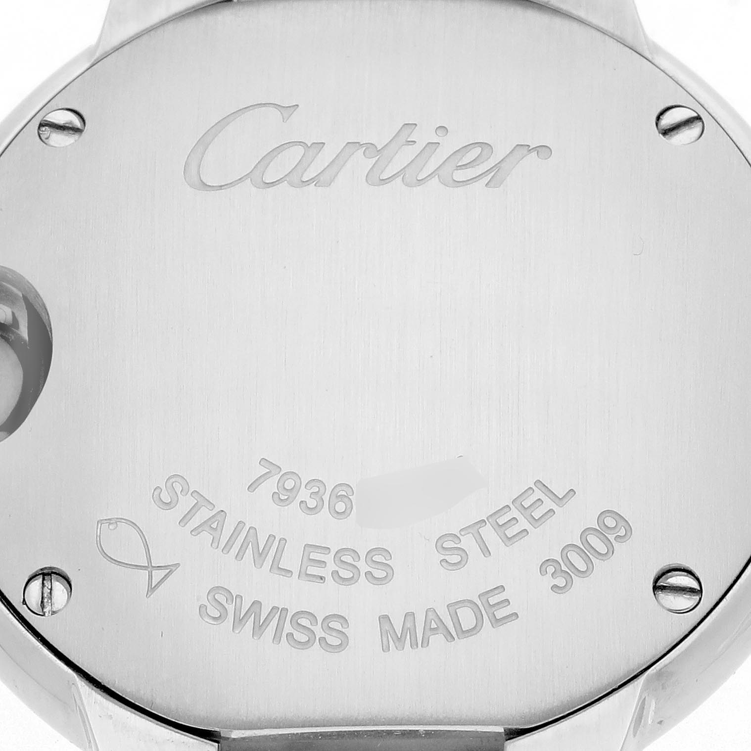 The image shows the back case of a Cartier Ballon Bleu W4BB0015 Women's Stainless Steel Silver Dial W4BB0015 Women's Stainless Steel Silver Dial watch, highlighting engravings and screws.
