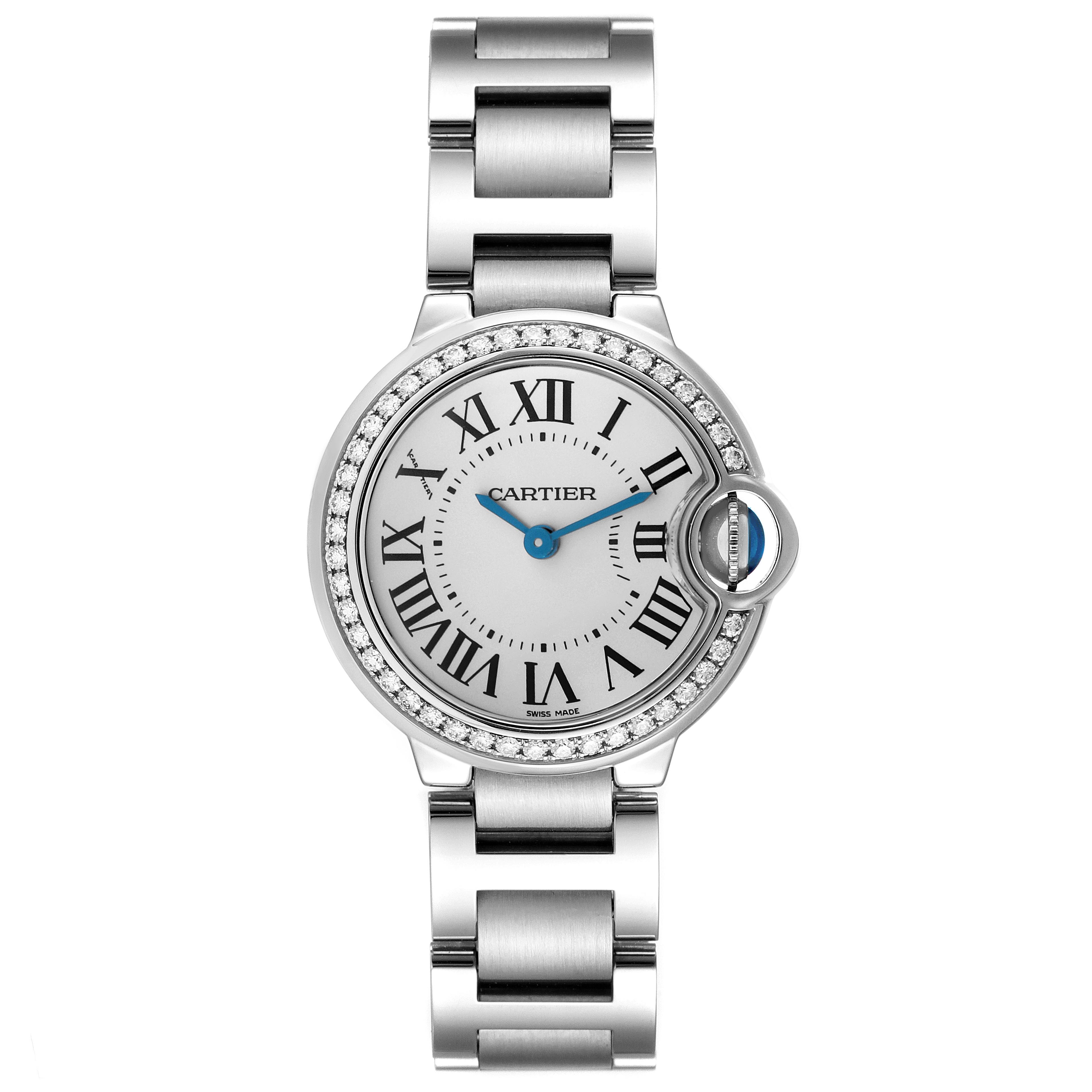 The Cartier Ballon Bleu W4BB0015 Women's Stainless Steel Silver Dial W4BB0015 Women's Stainless Steel Silver Dial watch is shown from a top-down angle, highlighting its round face, Roman numerals, and metallic bracelet.