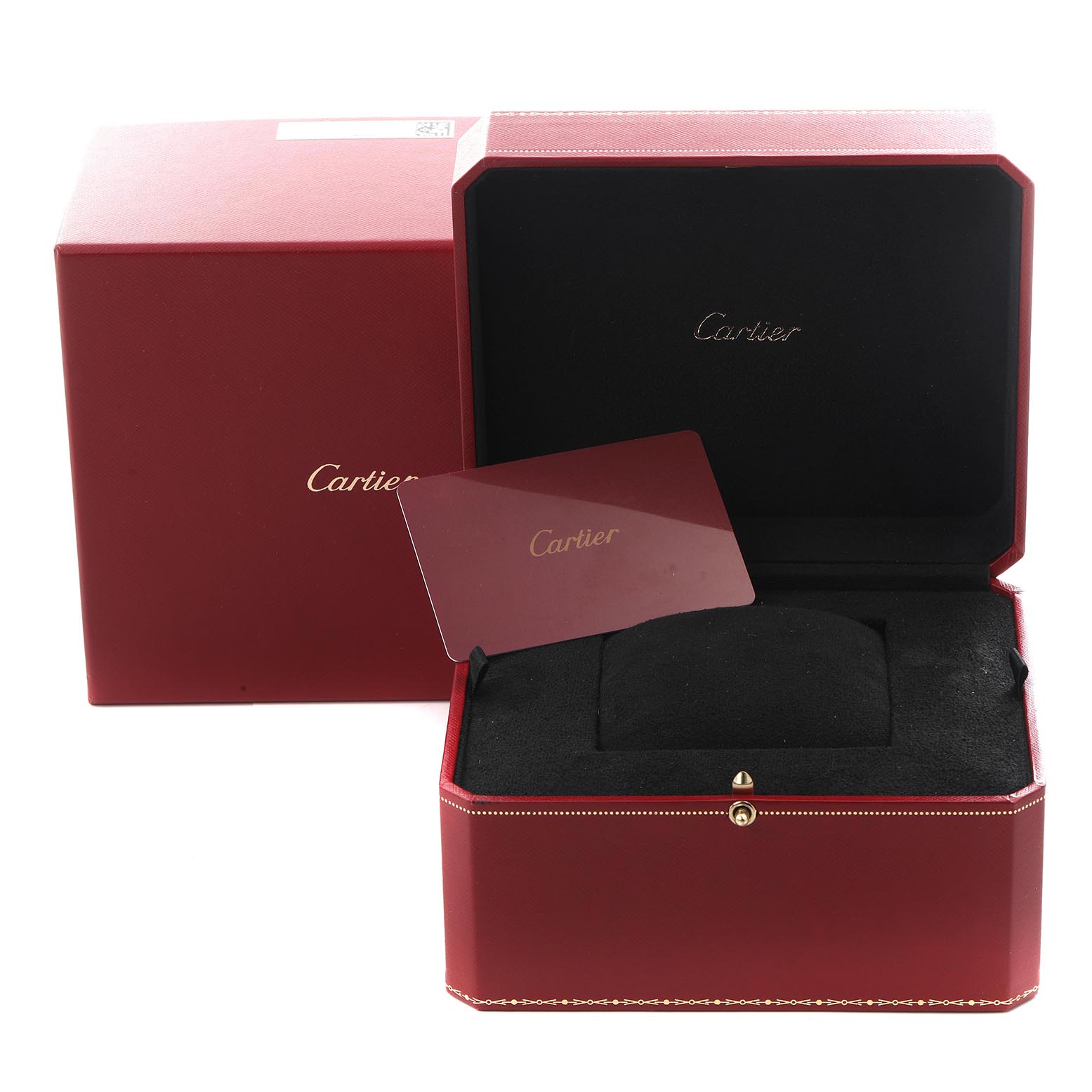 The image shows a Cartier Ballon Bleu W4BB0015 Women's Stainless Steel Silver Dial W4BB0015 Women's Stainless Steel Silver Dial watch box, angled open, with a card and outer box, no watch visible.